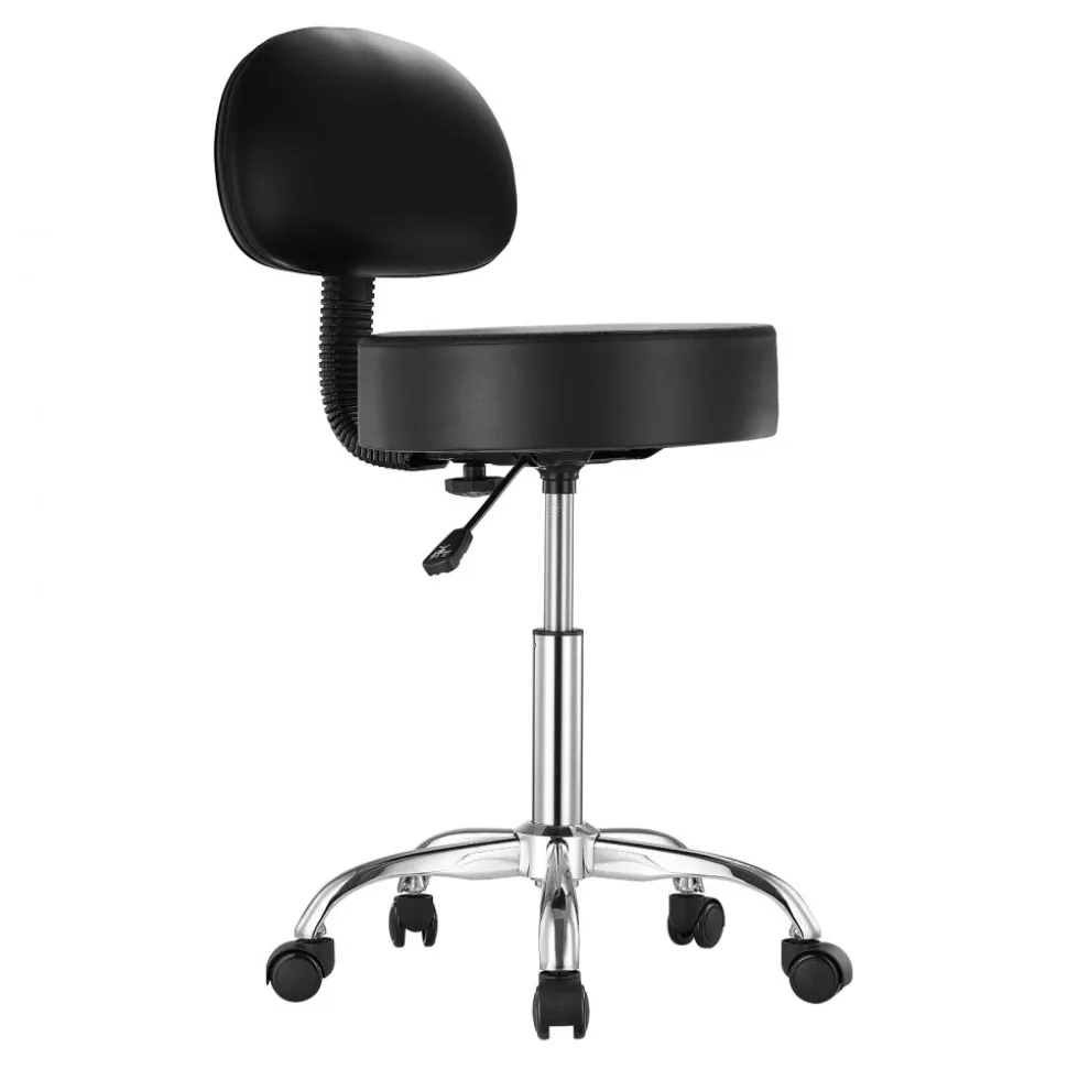 VEVOR Rolling Stool with Back Support and Wheels, 450 LBS Weight Capacity Round Rolling Stool Chair, Height Adjustable Thickened PU Leather Swivel Stool for Salon, Spa, Massage, Tattoo, Clinic, Black