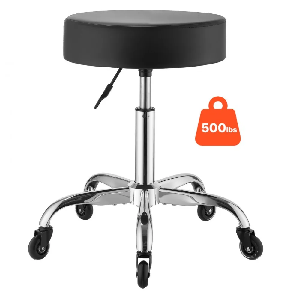 VEVOR Rolling Stool with Wheels, 500 lbs Weight Capacity, Height Adjustable, Thick Cushion Ergonomic PU Leather Seat, 360° Swivel Round Rolling Stool Chair for Salon, Spa, Clinic, Medical, Black