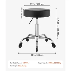 VEVOR Rolling Stool with Wheels, 500 lbs Weight Capacity, Height Adjustable, Thick Cushion Ergonomic PU Leather Seat, 360° Swivel Round Rolling Stool Chair for Salon, Spa, Clinic, Medical, Black