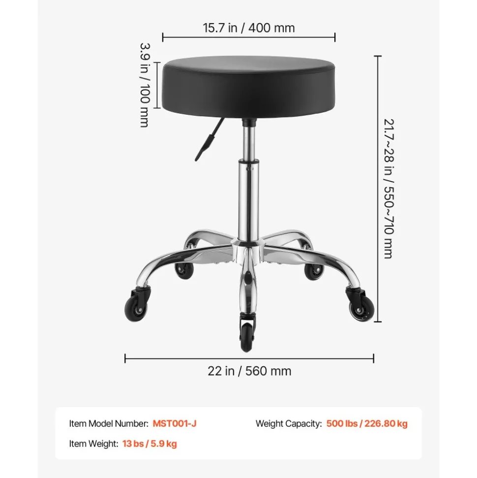 VEVOR Rolling Stool with Wheels, 500 lbs Weight Capacity, Height Adjustable, Thick Cushion Ergonomic PU Leather Seat, 360° Swivel Round Rolling Stool Chair for Salon, Spa, Clinic, Medical, Black
