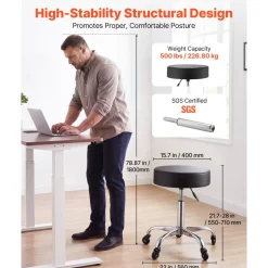 VEVOR Rolling Stool with Wheels, 500 lbs Weight Capacity, Height Adjustable, Thick Cushion Ergonomic PU Leather Seat, 360° Swivel Round Rolling Stool Chair for Salon, Spa, Clinic, Medical, Black