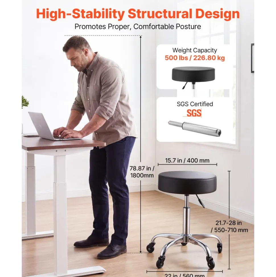 VEVOR Rolling Stool with Wheels, 500 lbs Weight Capacity, Height Adjustable, Thick Cushion Ergonomic PU Leather Seat, 360° Swivel Round Rolling Stool Chair for Salon, Spa, Clinic, Medical, Black