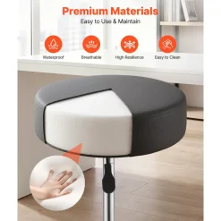 VEVOR Rolling Stool with Wheels, 500 lbs Weight Capacity, Height Adjustable, Thick Cushion Ergonomic PU Leather Seat, 360° Swivel Round Rolling Stool Chair for Salon, Spa, Clinic, Medical, Black