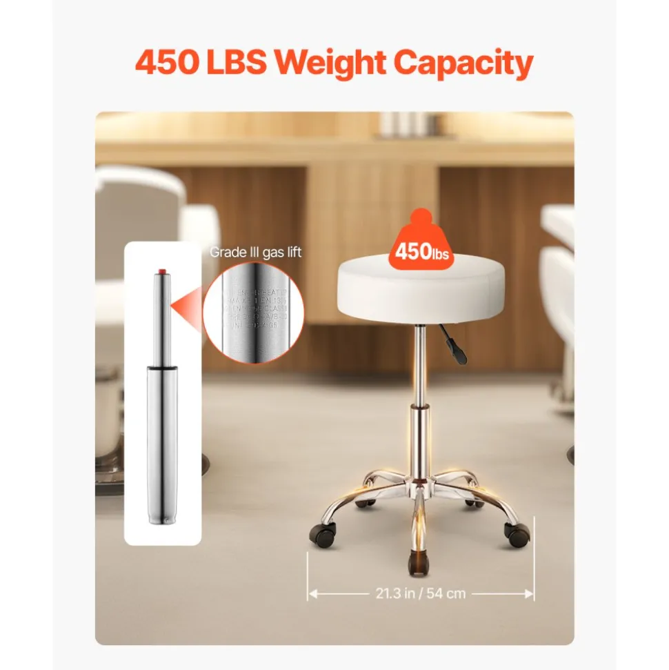 VEVOR Rolling Stool with Wheels, 450 LBS Weight Capacity Round Rolling Stool Chair, Height Adjustable Thickened PU Leather Swivel Stool for Salon, Spa, Massage, Tattoo, Clinic, White