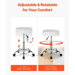 VEVOR Rolling Stool with Wheels, 450 LBS Weight Capacity Round Rolling Stool Chair, Height Adjustable Thickened PU Leather Swivel Stool for Salon, Spa, Massage, Tattoo, Clinic, White