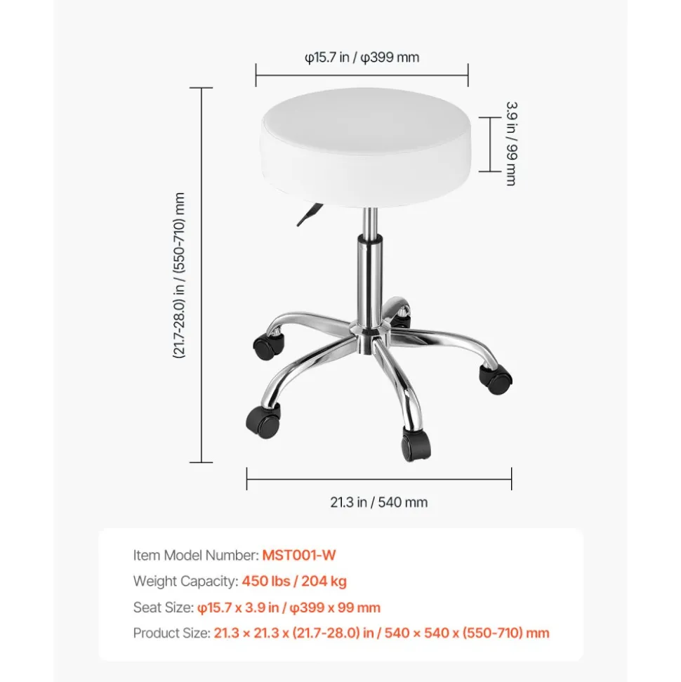 VEVOR Rolling Stool with Wheels, 450 LBS Weight Capacity Round Rolling Stool Chair, Height Adjustable Thickened PU Leather Swivel Stool for Salon, Spa, Massage, Tattoo, Clinic, White