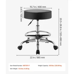 VEVOR Rolling Stool with Wheels Footrest, 500 lbs Weight Capacity, Height Adjustable, Thick Cushion Ergonomic PU Leather Seat, 360° Swivel Round Rolling Stool Chair for Salon, Clinic, Medical, Black