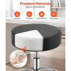 VEVOR Rolling Stool with Wheels Footrest, 500 lbs Weight Capacity, Height Adjustable, Thick Cushion Ergonomic PU Leather Seat, 360° Swivel Round Rolling Stool Chair for Salon, Clinic, Medical, Black