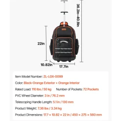 VEVOR Rolling Tool Backpack, 110 lbs Load Capacity, 72 Pockets Heavy Duty Roller Tool Bag on Wheels, Adjustable Telescoping Handle & Stable Base, Toolbag Organizers for Construction, Mechanic