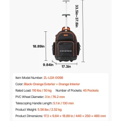 VEVOR Rolling Tool Backpack, 110 lbs Load Capacity, 45 Pockets Heavy Duty Roller Tool Bag on Wheels, Adjustable Telescoping Handle & Stable Base, Toolbag Organizers for Construction, Mechanic