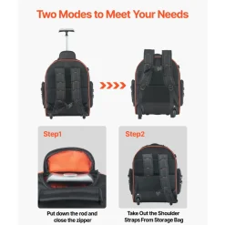 VEVOR Rolling Tool Backpack, 110 lbs Load Capacity, 45 Pockets Heavy Duty Roller Tool Bag on Wheels, Adjustable Telescoping Handle & Stable Base, Toolbag Organizers for Construction, Mechanic