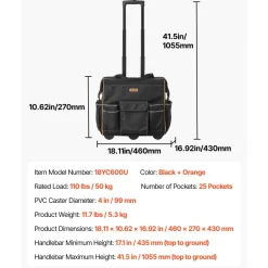 VEVOR Rolling Tool Bag, 110 lbs Load Capacity, 25 Pockets Heavy Duty Roller Tool Bag with Adjustable Telescoping Handle & Stable Base, Toolbag Organizers with Wheels for Electrician, Construction