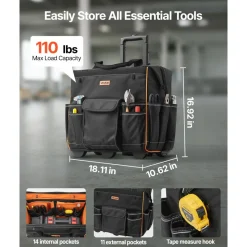 VEVOR Rolling Tool Bag, 110 lbs Load Capacity, 25 Pockets Heavy Duty Roller Tool Bag with Adjustable Telescoping Handle & Stable Base, Toolbag Organizers with Wheels for Electrician, Construction