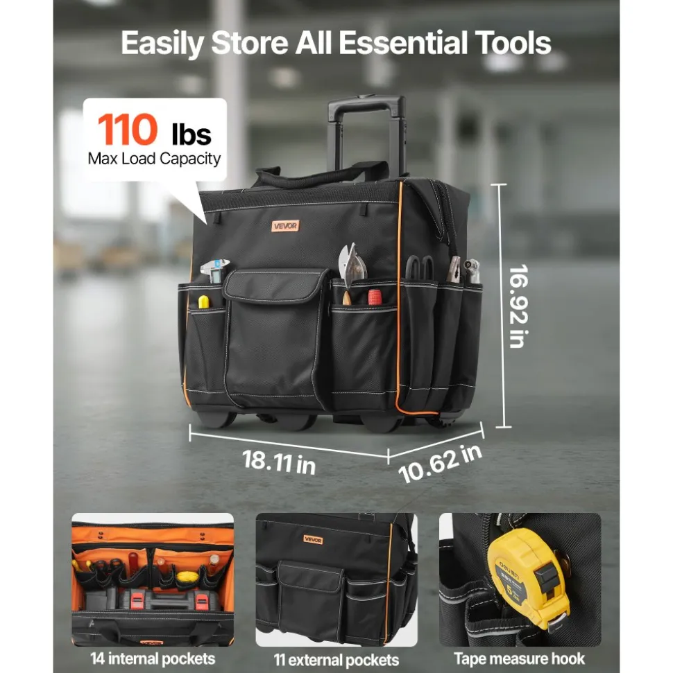 VEVOR Rolling Tool Bag, 110 lbs Load Capacity, 25 Pockets Heavy Duty Roller Tool Bag with Adjustable Telescoping Handle & Stable Base, Toolbag Organizers with Wheels for Electrician, Construction
