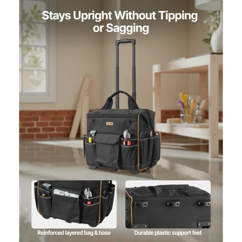 VEVOR Rolling Tool Bag, 110 lbs Load Capacity, 25 Pockets Heavy Duty Roller Tool Bag with Adjustable Telescoping Handle & Stable Base, Toolbag Organizers with Wheels for Electrician, Construction