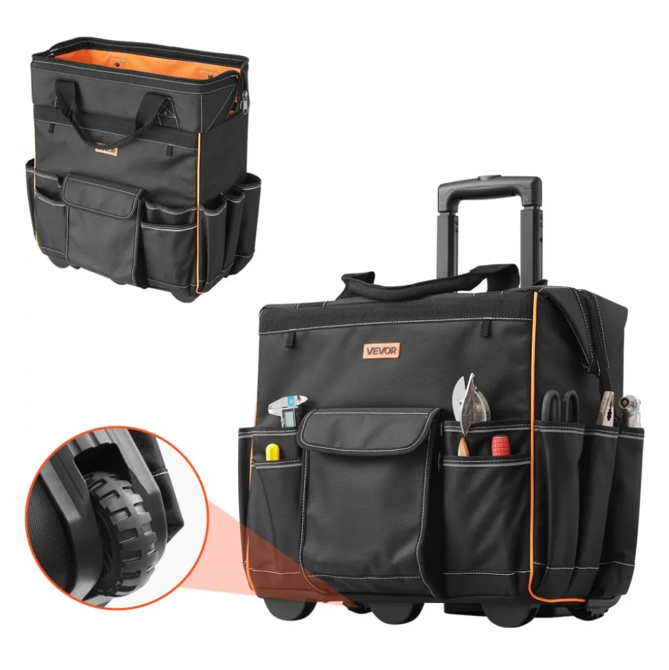 VEVOR Rolling Tool Bag, 110 lbs Load Capacity, 25 Pockets Heavy Duty Roller Tool Bag with Adjustable Telescoping Handle & Stable Base, Toolbag Organizers with Wheels for Electrician, Construction