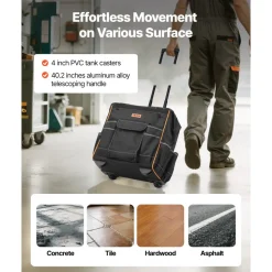 VEVOR Rolling Tool Bag, 110 lbs Load Capacity, 25 Pockets Heavy Duty Roller Tool Bag on Wheels, Adjustable Telescoping Handle & Stable Base, Toolbag Organizers with Wheels for Construction, Mechanic