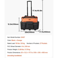 VEVOR Rolling Tool Bag, 110 lbs Load Capacity, 27 Pockets Heavy Duty Roller Tool Bag on Wheels, Adjustable Telescoping Handle & Stable Base, Toolbag Organizers with Wheels for Construction, Mechanic