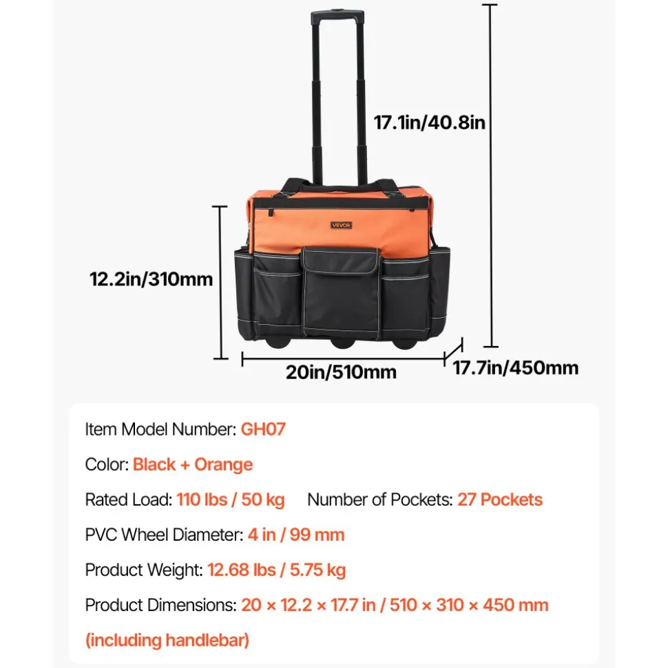 VEVOR Rolling Tool Bag, 110 lbs Load Capacity, 27 Pockets Heavy Duty Roller Tool Bag on Wheels, Adjustable Telescoping Handle & Stable Base, Toolbag Organizers with Wheels for Construction, Mechanic