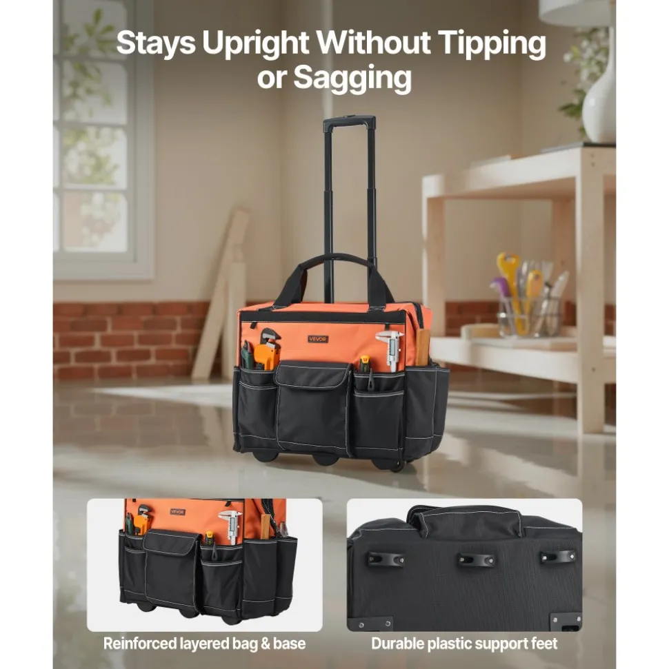 VEVOR Rolling Tool Bag, 110 lbs Load Capacity, 27 Pockets Heavy Duty Roller Tool Bag on Wheels, Adjustable Telescoping Handle & Stable Base, Toolbag Organizers with Wheels for Construction, Mechanic