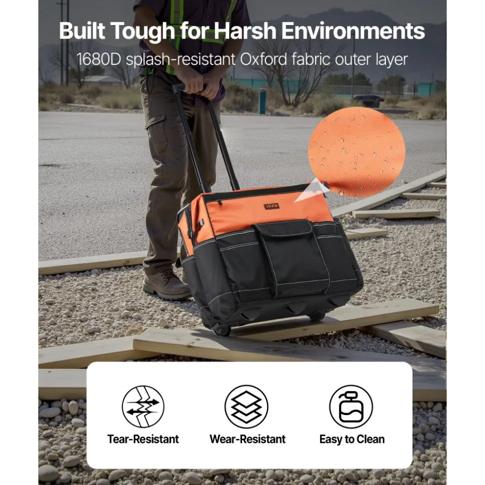 VEVOR Rolling Tool Bag, 110 lbs Load Capacity, 27 Pockets Heavy Duty Roller Tool Bag on Wheels, Adjustable Telescoping Handle & Stable Base, Toolbag Organizers with Wheels for Construction, Mechanic