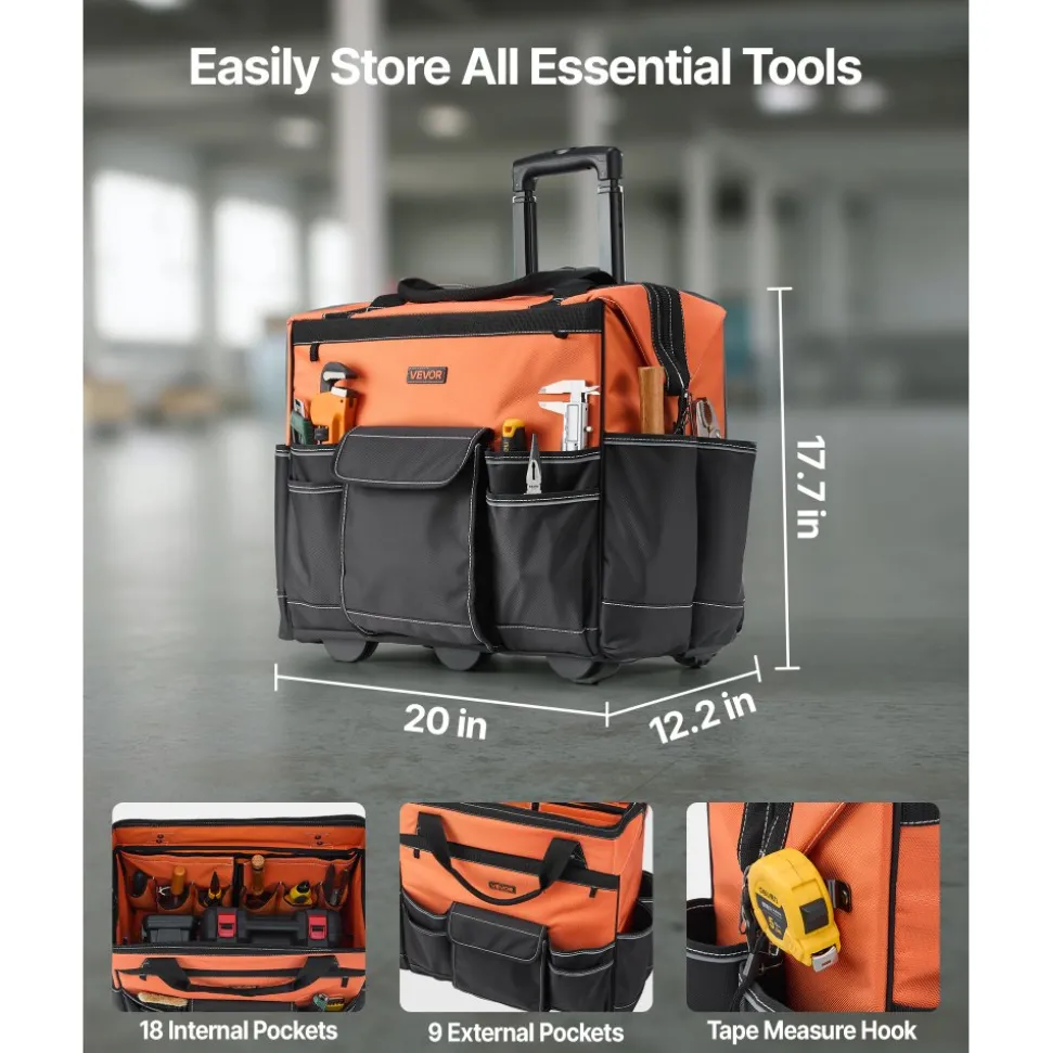 VEVOR Rolling Tool Bag, 110 lbs Load Capacity, 27 Pockets Heavy Duty Roller Tool Bag on Wheels, Adjustable Telescoping Handle & Stable Base, Toolbag Organizers with Wheels for Construction, Mechanic