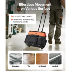 VEVOR Rolling Tool Bag, 110 lbs Load Capacity, 27 Pockets Heavy Duty Roller Tool Bag on Wheels, Adjustable Telescoping Handle & Stable Base, Toolbag Organizers with Wheels for Construction, Mechanic