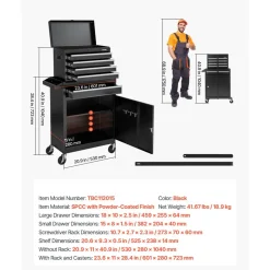 VEVOR Rolling Tool Chest, 2-in-1 Design, 5 Drawers Tool Cabinet Organizer with Detachable Top Metal Toolbox, Lock Bar, Protective Liner, and Tools Rack, Garage Storage Cabinet for Warehouse, Workshop