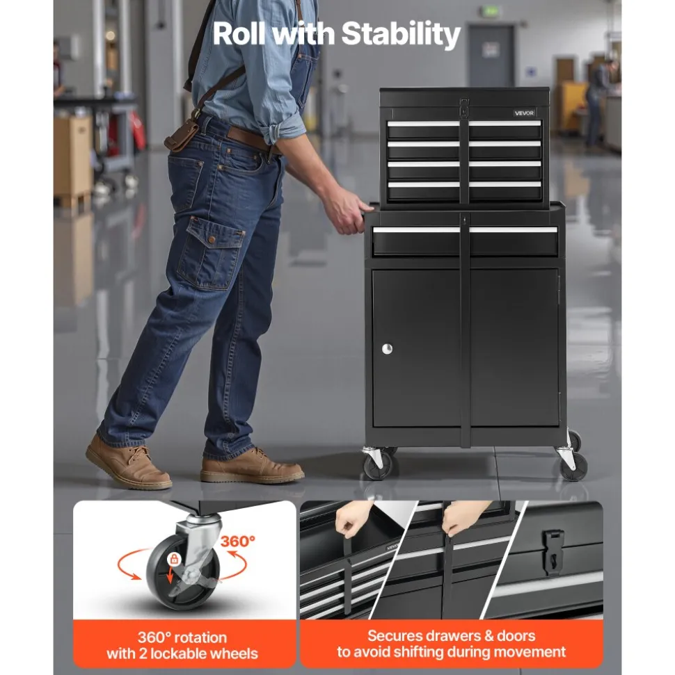 VEVOR Rolling Tool Chest, 2-in-1 Design, 5 Drawers Tool Cabinet Organizer with Detachable Top Metal Toolbox, Lock Bar, Protective Liner, and Tools Rack, Garage Storage Cabinet for Warehouse, Workshop