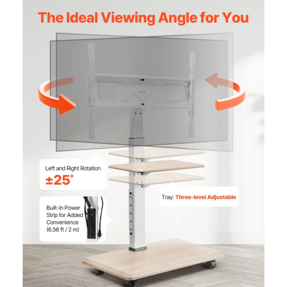 VEVOR Rolling TV Stand, Mobile TV Cart for 32-70 Inch Screens, 25° Left-Right Rotation and Height Adjustable TV Mount with Tray, Holds up to 88 lbs for Corner, Bedroom, Outdoor, Max VESA 600x400mm