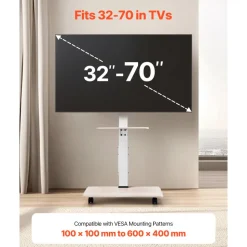 VEVOR Rolling TV Stand, Mobile TV Cart for 32-70 Inch Screens, 25° Left-Right Rotation and Height Adjustable TV Mount with Tray, Holds up to 88 lbs for Corner, Bedroom, Outdoor, Max VESA 600x400mm