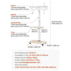 VEVOR Rolling TV Stand, Mobile TV Cart for 32-70 Inch Screens, 25° Left-Right Rotation and Height Adjustable TV Mount with Tray, Holds up to 88 lbs for Corner, Bedroom, Outdoor, Max VESA 600x400mm