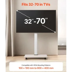 VEVOR Rolling TV Stand, Mobile TV Cart for 32-70 Inch Screens, 25° Left-Right Rotation and Height Adjustable TV Mount on Wheels, Holds up to 99 lbs for Corner, Bedroom, Outdoor, Max VESA 600x400mm