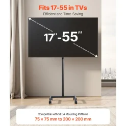 VEVOR Rolling TV Stand, Mobile TV Cart for 17-55 Inch Screens, Portrait to Landscape, Portable TV Stand with Wheels Holds up to 44 lbs for Living Room, Bedroom, Office, Outdoor, Max VESA 200x200mm