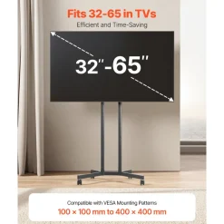 VEVOR Rolling TV Stand, Mobile TV Cart for 32-65 Inch Screens, Height Adjustable, Portable Monitor Stand with Wheels Holds up to 88 lbs for Living Room, Bedroom, Office, Outdoor, Max VESA 400x400mm