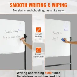 VEVOR Rolling Whiteboard, 48x32 inch Double-Sided Magnetic Mobile Whiteboard, 360° Reversible Adjustable Height Dry Erase Board with Wheels & Movable Tray for Office School