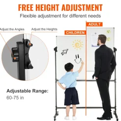 VEVOR Rolling Whiteboard, 48x32 inch Double-Sided Magnetic Mobile Whiteboard, 360° Reversible Adjustable Height Dry Erase Board with Wheels & Movable Tray for Office School