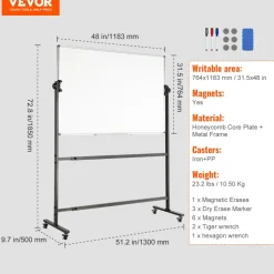 VEVOR Rolling Whiteboard, 48x32 inch Double-Sided Magnetic Mobile Whiteboard, 360° Reversible Adjustable Height Dry Erase Board with Wheels & Movable Tray for Office School
