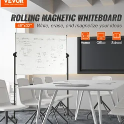 VEVOR Rolling Whiteboard, 48x32 inch Double-Sided Magnetic Mobile Whiteboard, 360° Reversible Adjustable Height Dry Erase Board with Wheels & Movable Tray for Office School