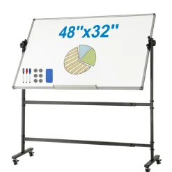 VEVOR Rolling Whiteboard, 48x32 inch Double-Sided Magnetic Mobile Whiteboard, 360° Reversible Adjustable Height Dry Erase Board with Wheels & Movable Tray for Office School