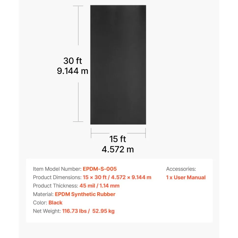 VEVOR Roll Roofing, 15 x 30 ft, 45 mil EPDM Rubber Roofing, Long Lifespan & Weather-resistant, Withstands Harsh Temperatures, Flexible & Easy Installation, Roof Underlayment for RVs, Roofs, Ponds