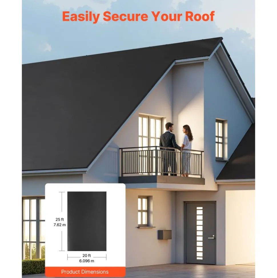 VEVOR Roll Roofing, 20 x 25 ft, 45 mil EPDM Rubber Roofing, Long Lifespan & Weather-resistant, Withstands Harsh Temperatures, Flexible & Easy Installation, Roof Underlayment for RVs, Roofs, Ponds