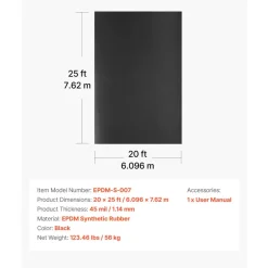 VEVOR Roll Roofing, 20 x 25 ft, 45 mil EPDM Rubber Roofing, Long Lifespan & Weather-resistant, Withstands Harsh Temperatures, Flexible & Easy Installation, Roof Underlayment for RVs, Roofs, Ponds