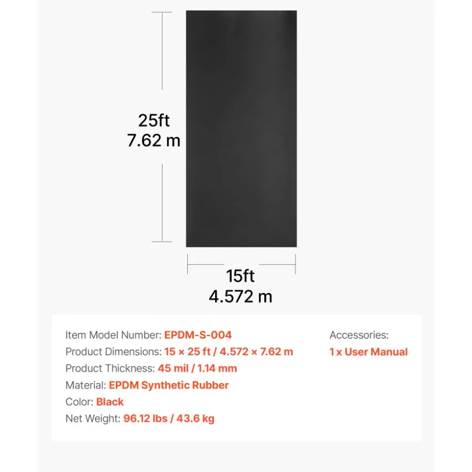 VEVOR Roll Roofing, 15 x 25 ft, 45 mil EPDM Rubber Roofing, Long Lifespan & Weather-resistant, Withstands Harsh Temperatures, Flexible & Easy Installation, Roof Underlayment for RVs, Roofs, Ponds