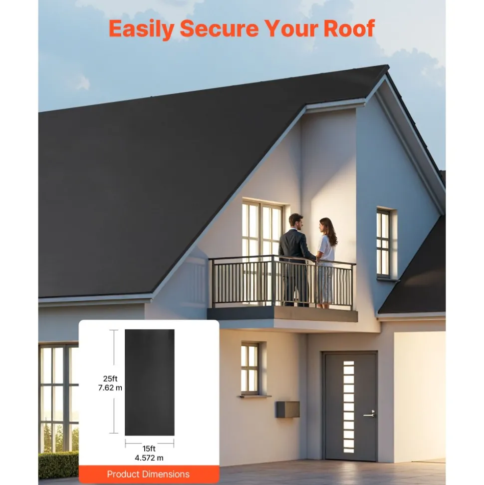 VEVOR Roll Roofing, 15 x 25 ft, 45 mil EPDM Rubber Roofing, Long Lifespan & Weather-resistant, Withstands Harsh Temperatures, Flexible & Easy Installation, Roof Underlayment for RVs, Roofs, Ponds