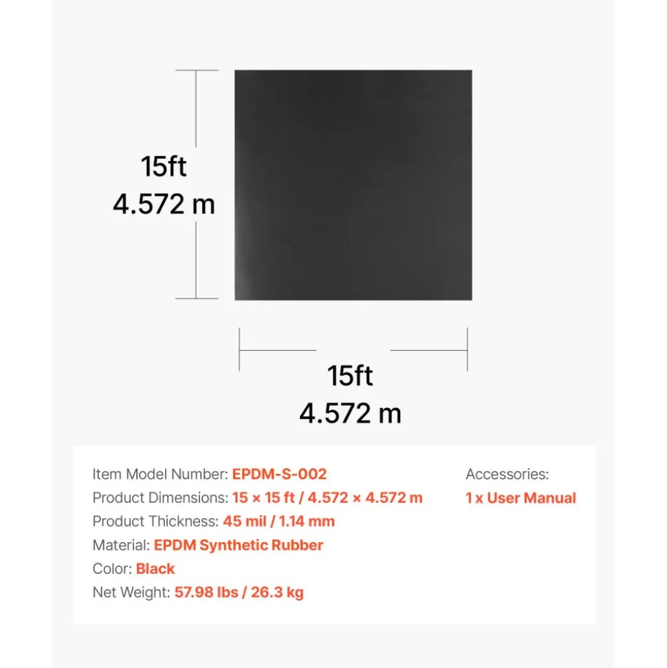 VEVOR Roll Roofing, 10 x 15 ft, 45 mil EPDM Rubber Roofing, Long Lifespan & Weather-resistant, Withstands Harsh Temperatures, Flexible & Easy Installation, Roof Underlayment for RVs, Roofs, Ponds