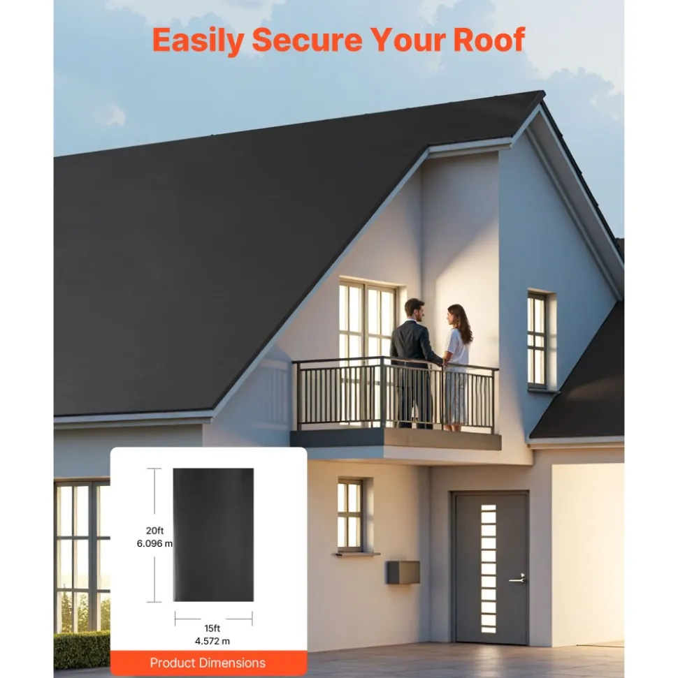 VEVOR Roll Roofing, 15 x 20 ft, 45 mil EPDM Rubber Roofing, Long Lifespan & Weather-resistant, Withstands Harsh Temperatures, Flexible & Easy Installation, Roof Underlayment for RVs, Roofs, Ponds