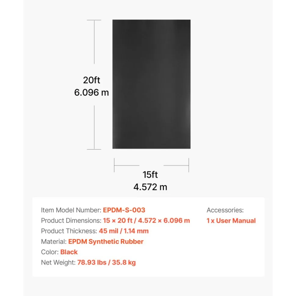 VEVOR Roll Roofing, 15 x 20 ft, 45 mil EPDM Rubber Roofing, Long Lifespan & Weather-resistant, Withstands Harsh Temperatures, Flexible & Easy Installation, Roof Underlayment for RVs, Roofs, Ponds