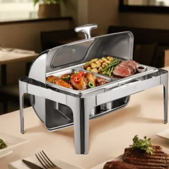 VEVOR Roll Top Chafing Dish Buffet Complete Set, 9 Qt 1 Pack Stainless Steel Chafer with 2 Half Size Pans, Rectangle Catering Warmer Server with Visible Lid Water Pan Folding Stand Fuel Holder, Silver