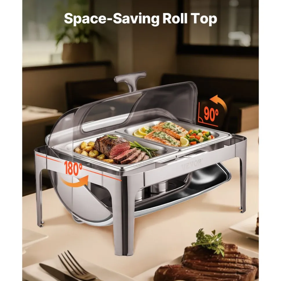 VEVOR Roll Top Chafing Dish Buffet Complete Set, 9 Qt 1 Pack Stainless Steel Chafer with 2 Half Size Pans, Rectangle Catering Warmer Server with Visible Lid Water Pan Folding Stand Fuel Holder, Silver